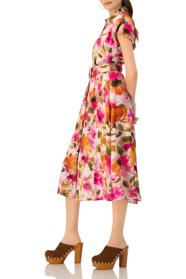 Midi Belted Floral Print Shirt Style Dress, Alternate, color, Multicolor-Pink