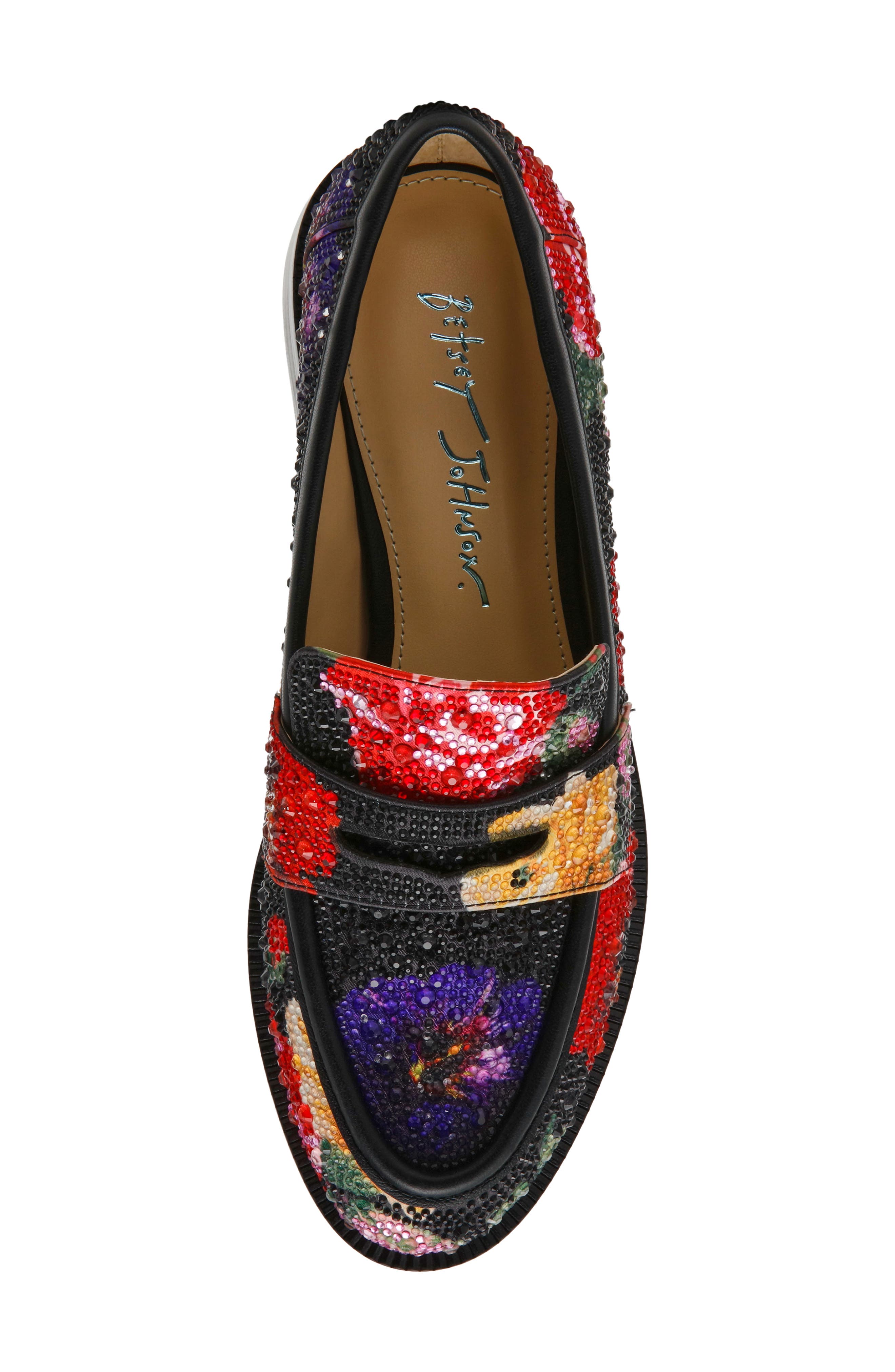 Betsey Johnson Canne Rhinestone Floral Penny Loafer, Alternate, color, Black Flower Multi