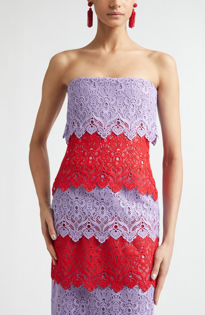 Carolina Herrera Colorblock Lace Strapless Column Dress, Alternate, color, Herrera Red Multi