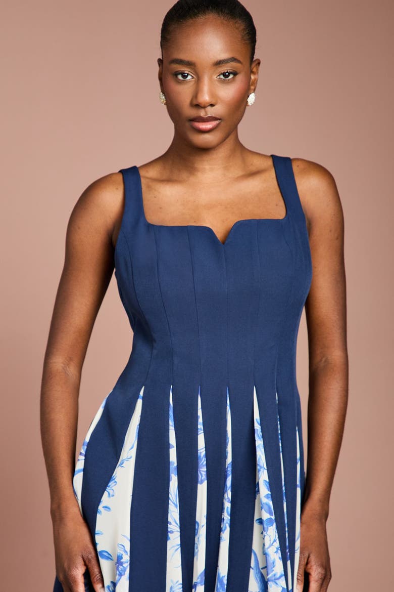 Printed Crepe Midi Dress, Alternate, color, Navy