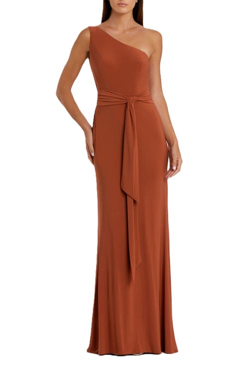 Jersey One Shoulder Belted Trumpet Gown