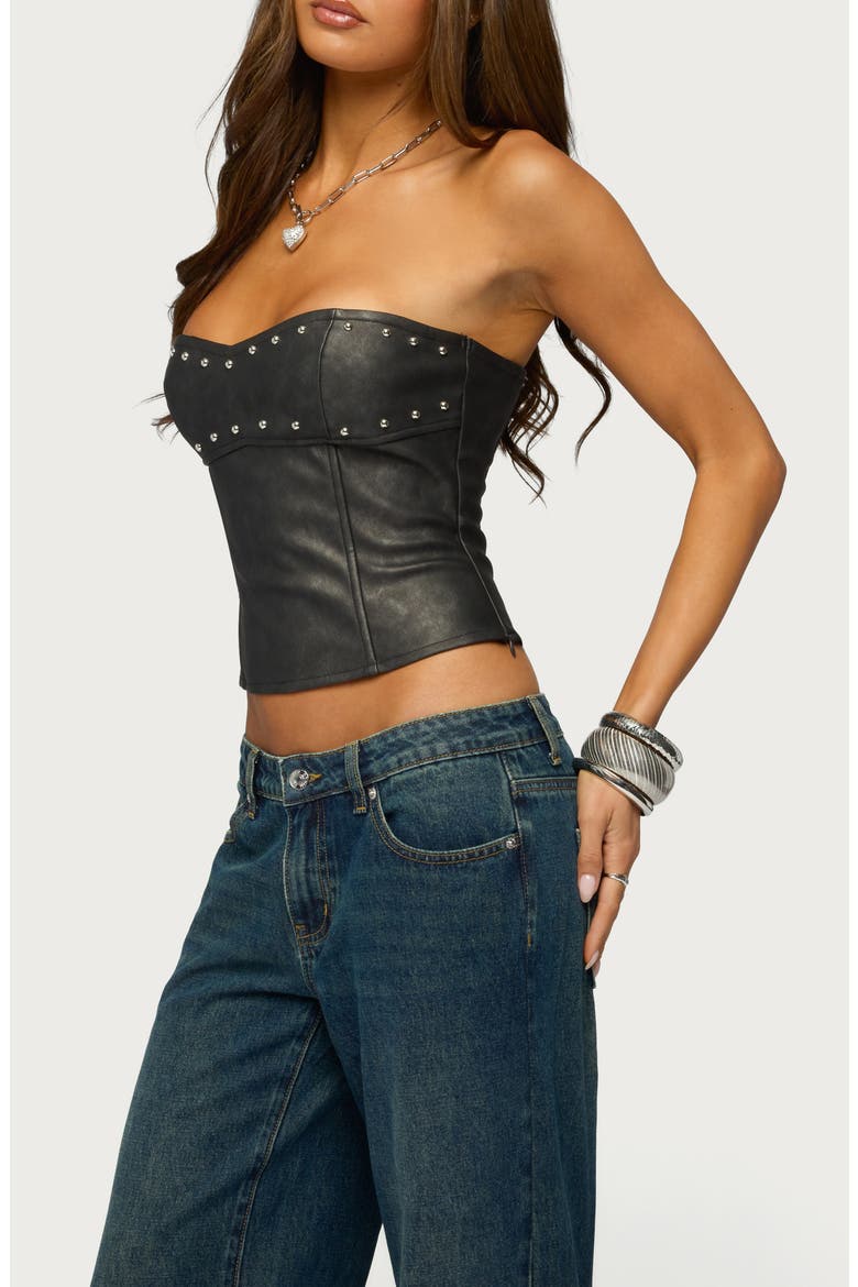 Izara Studded Strapless Faux Leather Top, Alternate, color, BLACK-WASHED