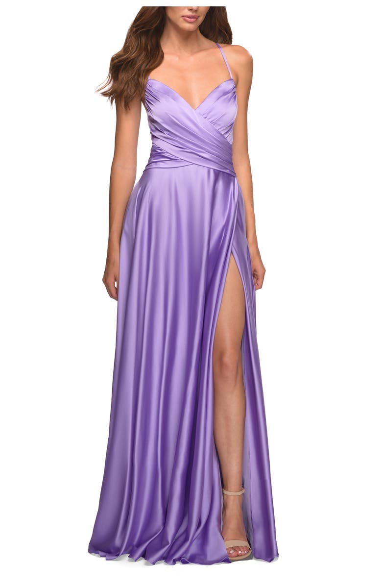La Femme Bright Satin Gown with Criss-Cross Ruched Top, Main, color, Lavender
