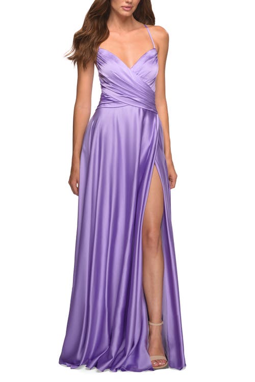 La Femme Bright Satin Gown With Criss-cross Ruched Top