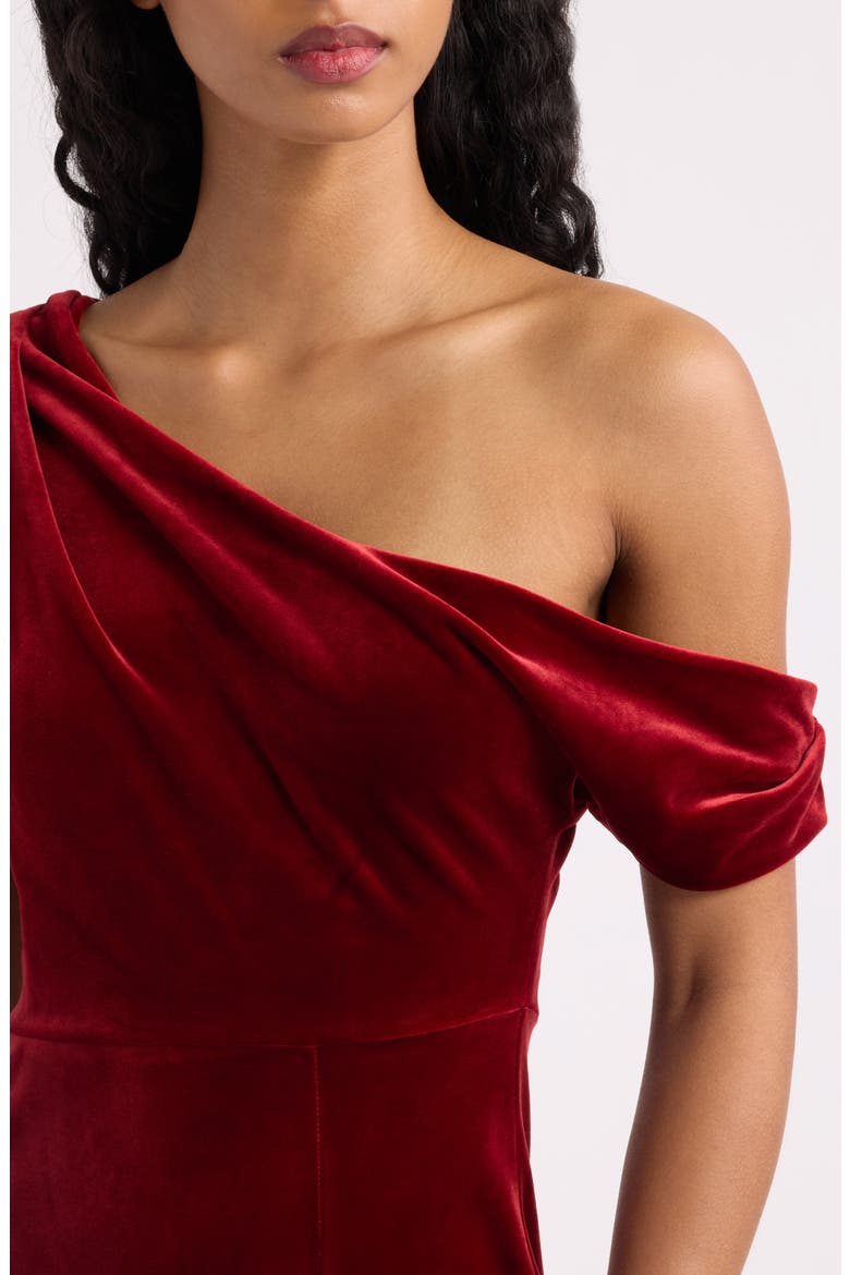Anya Draped One-Shoulder Velvet Gown, Alternate, color, BRICK RED
