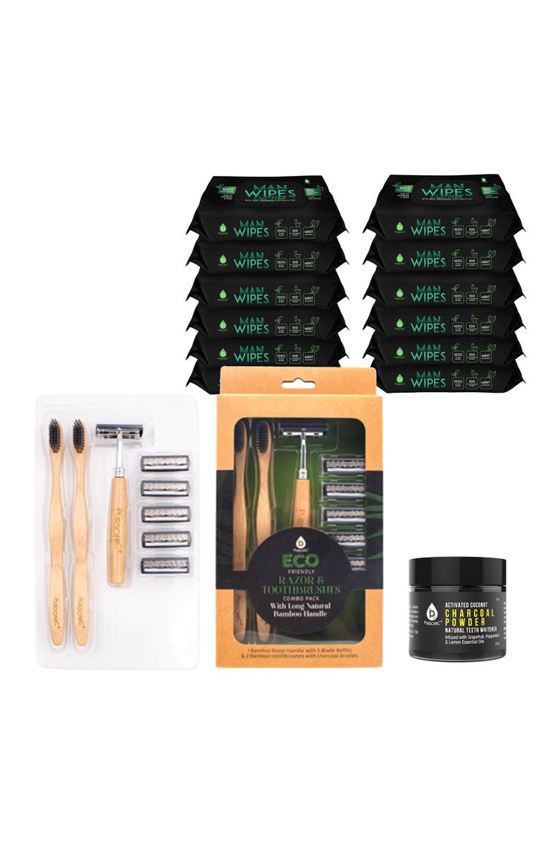 PURSONIC Grooming Essentials Bundle Eco-Friendly Razor + Flushable Man Wipes + Activated Coconut Charcoal Powder, Main, color, Black