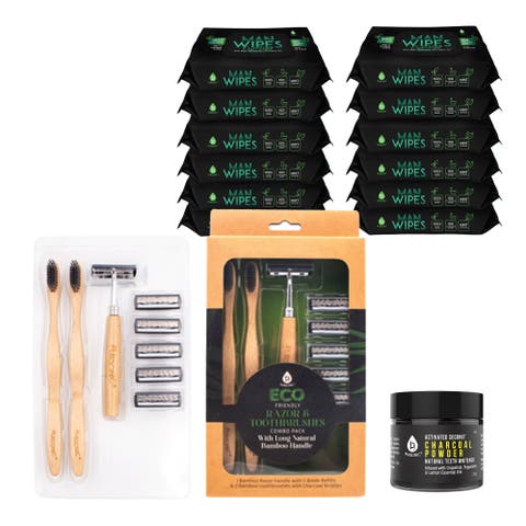 Grooming Essentials Bundle Eco-Friendly Razor + Flushable Man Wipes + Activated Coconut Charcoal Powder