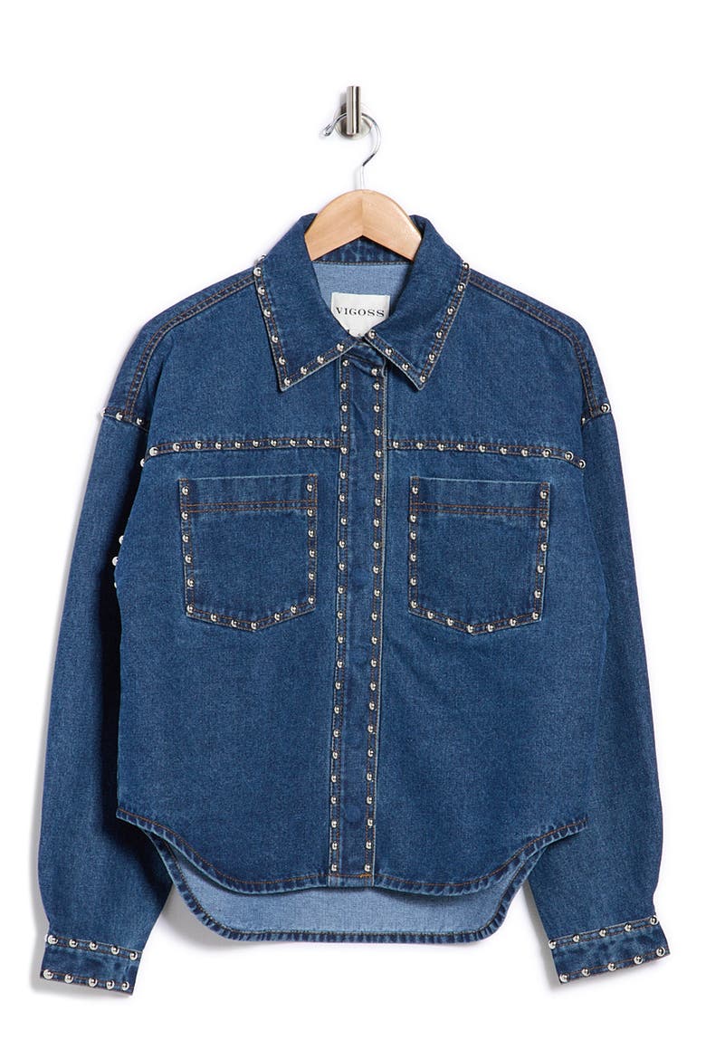 Studded Denim Shacket, Alternate, color, DARK WASH