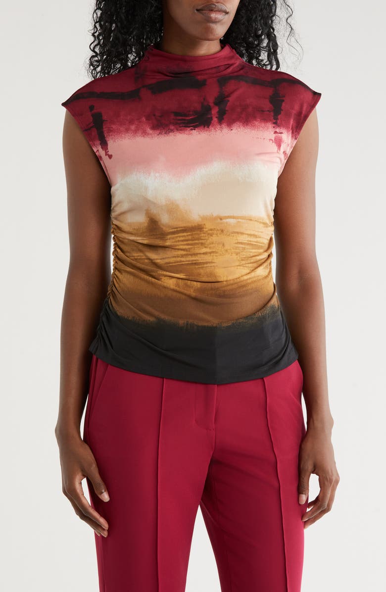 DKNY Ruched Funnel Neck Top, Main, color, Beet Multi