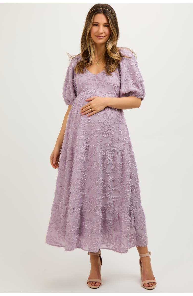 PinkBlush Fringe Textured Short Puff Sleeve Midi Dress, Alternate, color, Lavender