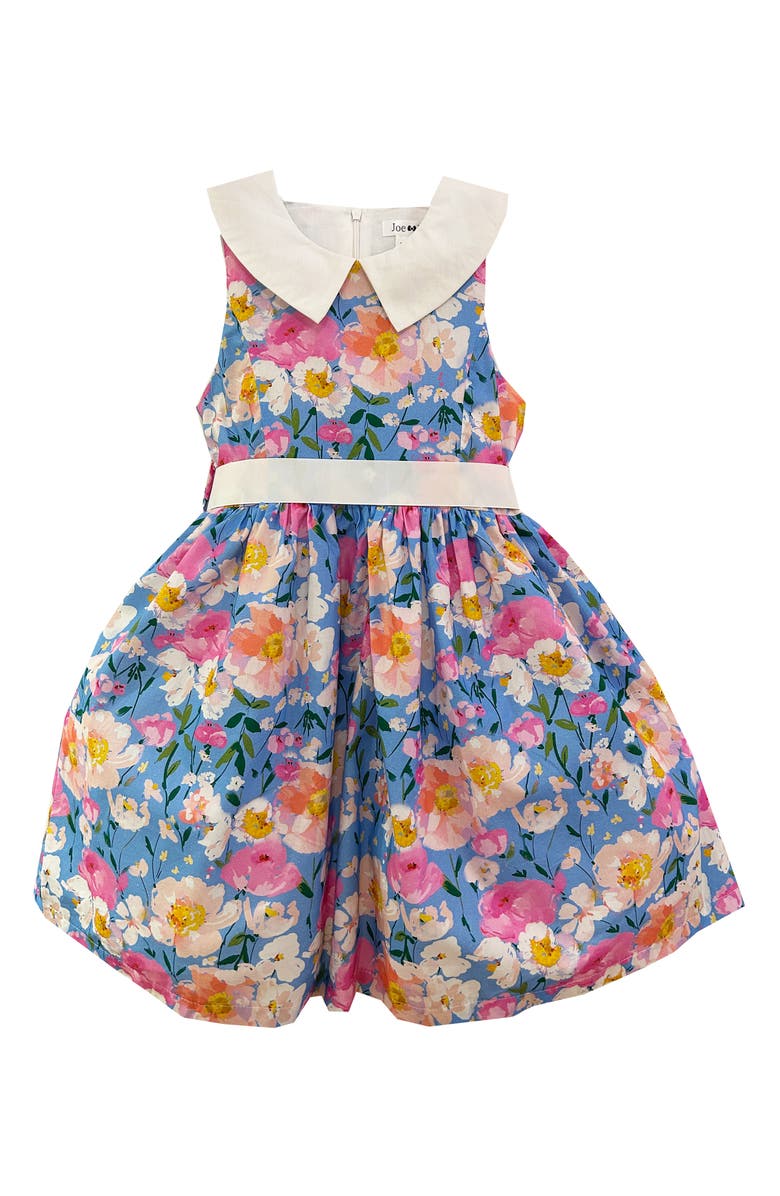 JOE-ELLA Kids' Contrast Collar Floral Dress, Main, color, Blue