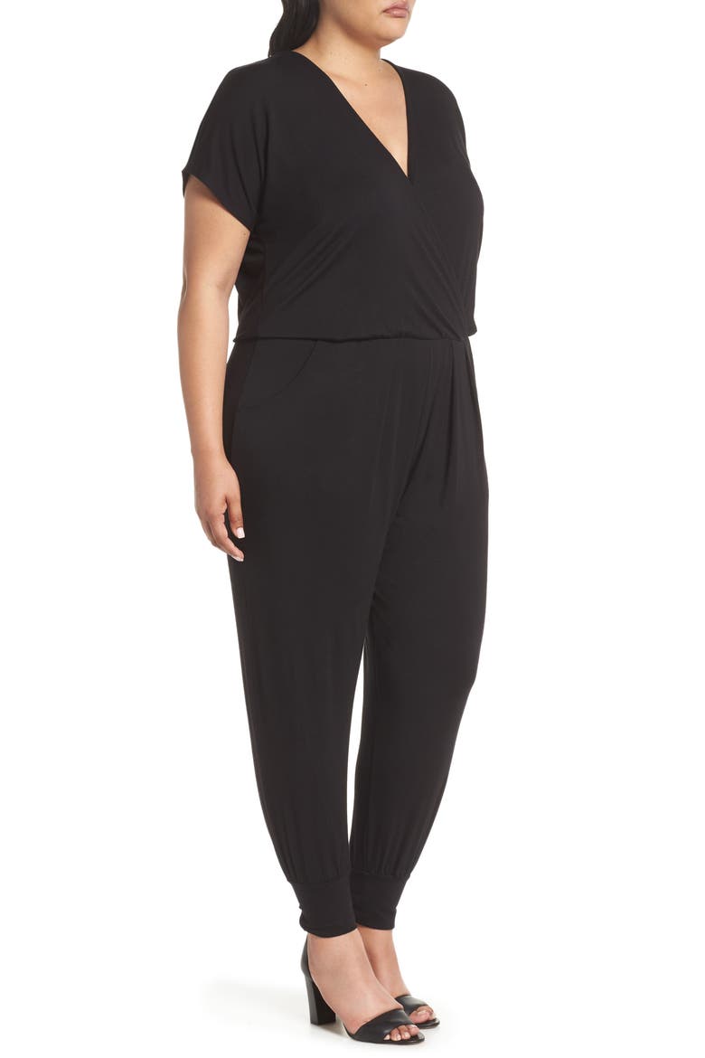Short Sleeve Wrap Top Jumpsuit, Alternate, color, BLACK