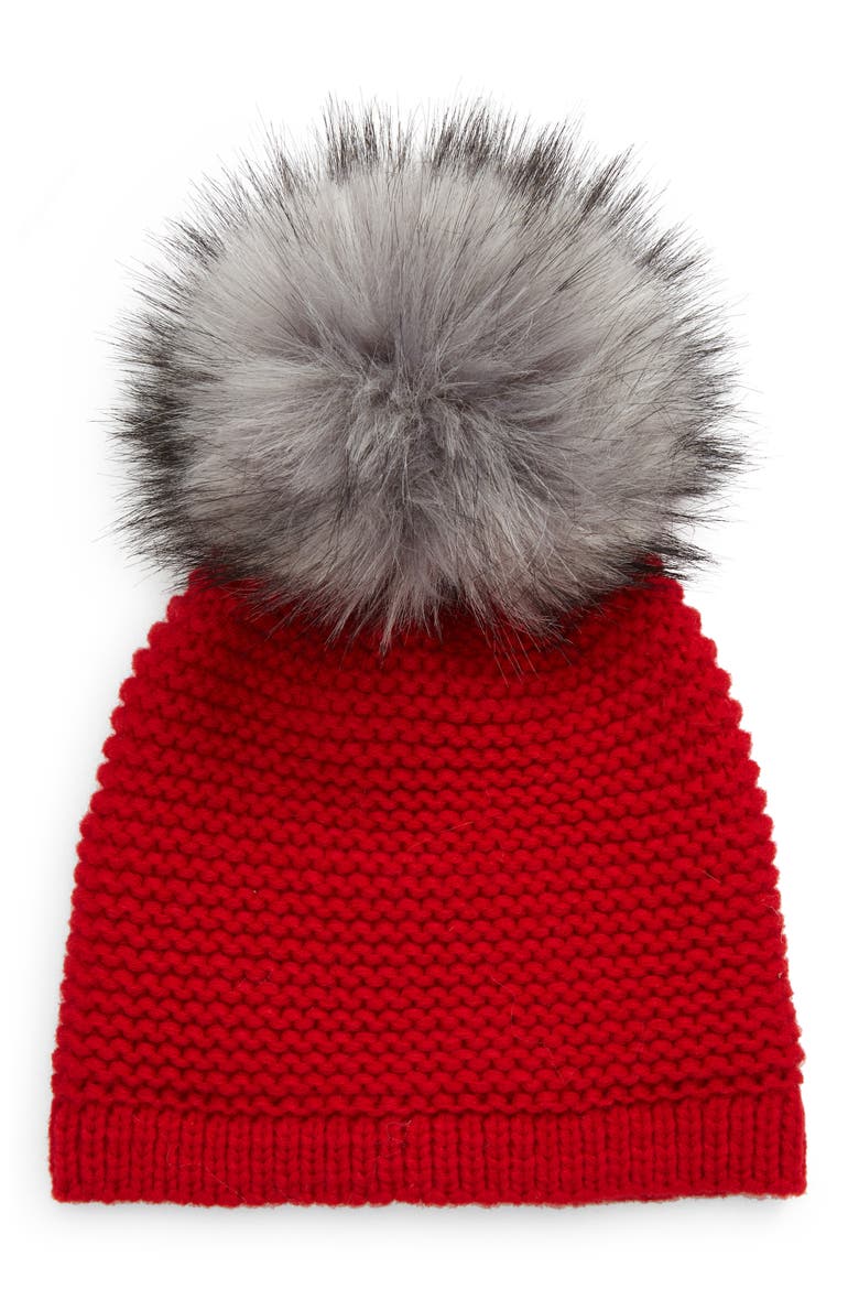 Wool Blend Beanie with Faux Fur Pompom, Main, color, RED/ GREY