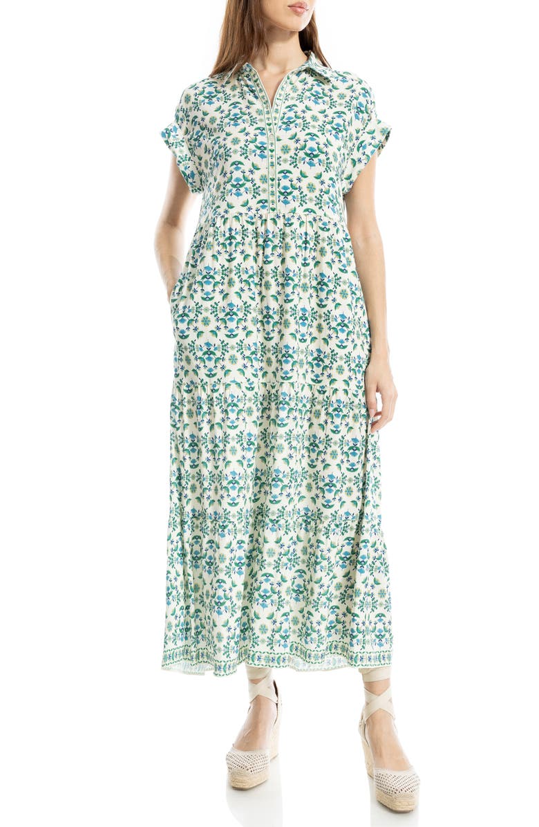 MAX STUDIO Cuffed Short Sleeve Maxi Shirtdress, Alternate, color, Cream/ Green Small Floral