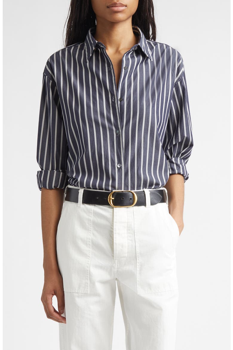 Yorke Stripe High-Low Cotton Poplin Button-Up Shirt, Main, color, CHARCOAL STRIPE