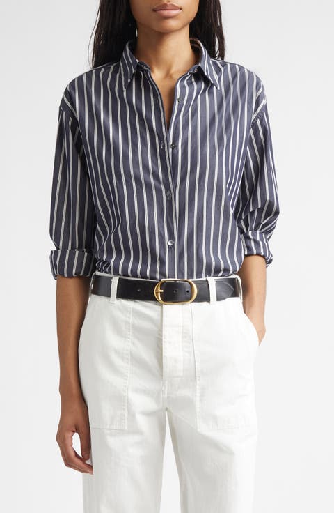 Yorke Stripe High-Low Cotton Poplin Button-Up Shirt