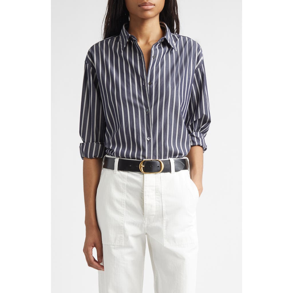 Nili Lotan Yorke Stripe High-Low Cotton Poplin Button-Up Shirt in Charcoal Stripe at Nordstrom, Size Medium
