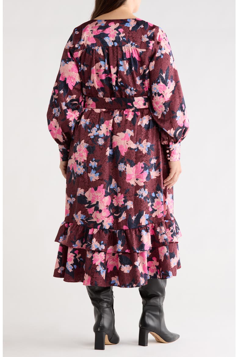 Belted Long Sleeve Satin Midi Dress, Alternate, color, BURGUNDY- BLUE GEORGIA BLOOMS