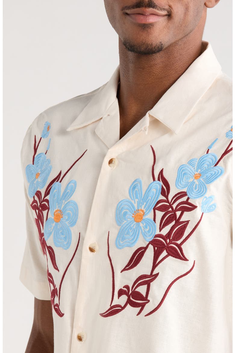 Jasmine Floral Embroidered Cotton & Linen Camp Shirt, Alternate, color, CREAM