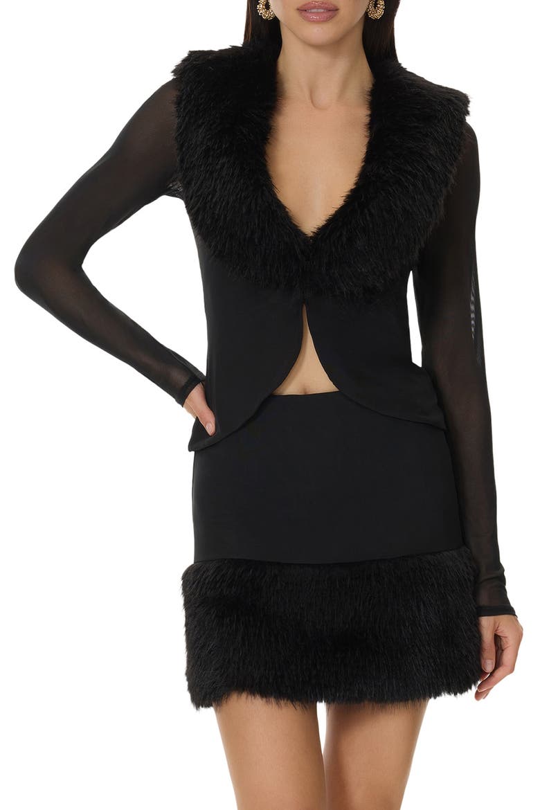 Nymia Faux Fur Collar Mesh Sleeve Cardigan, Main, color, NOIR