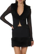 AFRM Nymia Faux Fur Collar Mesh Sleeve Cardigan