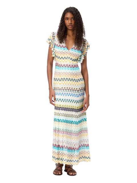 Dégradé Lace Long Dress With V-neck And Ruffled Sleeves