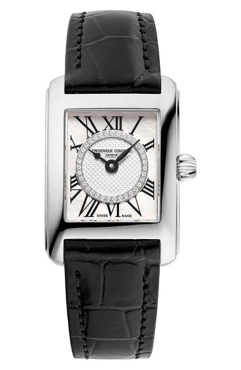 FREDERIQUE CONSTANT Carrée Diamond Dial Leather Strap Watch, 23mm x 21mm, Main, color,
