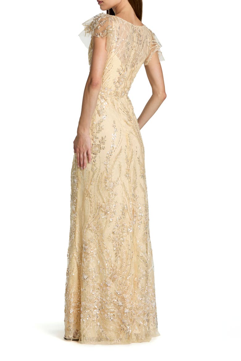 V-Neck Flutter Sleeve Embroidered Lace Evening Gown, Alternate, color, Gold