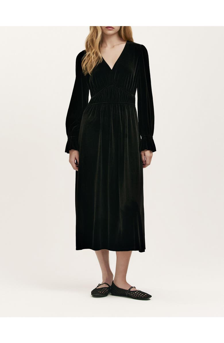 Finery London Laila Velvet V Neck Midi Waisted Dress, Alternate, color, Black