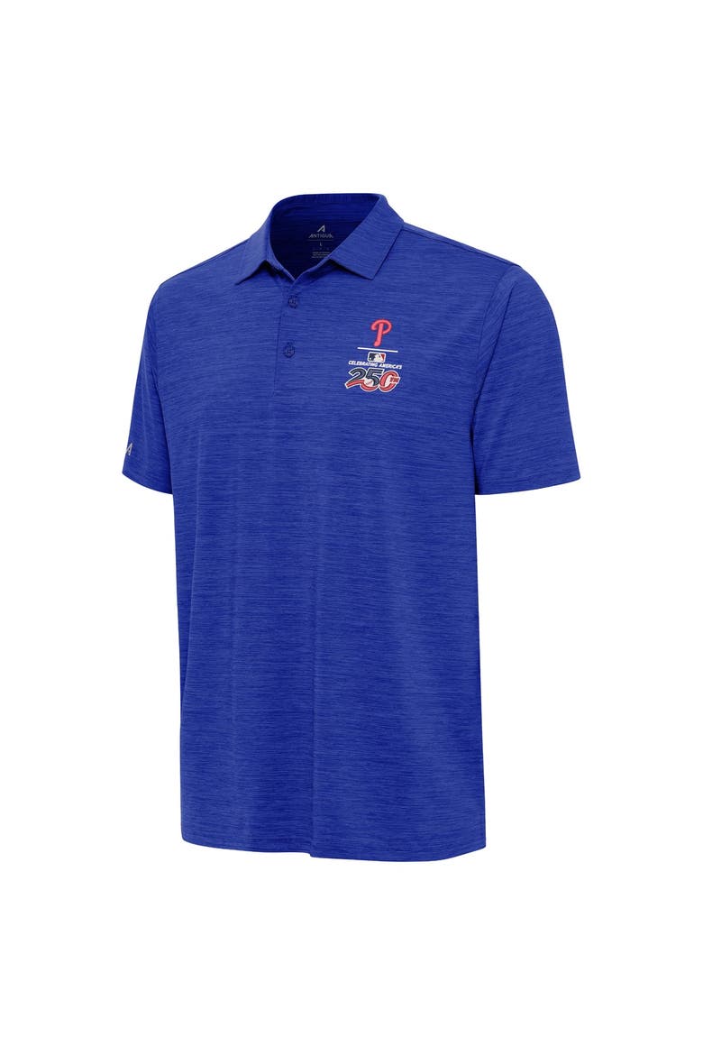 Men's Antigua Heather Royal Philadelphia Phillies Celebrating America's 250th Layout Polo, Alternate, color, Heather Royal