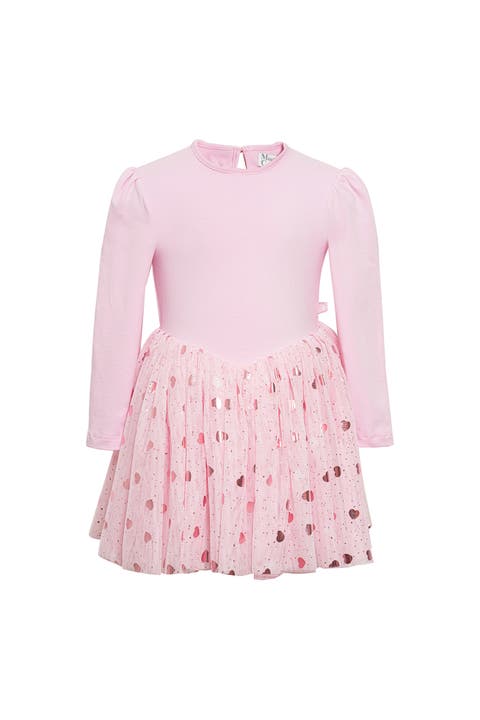 Gleam Long Sleeve Foil Heart Tulle Dress