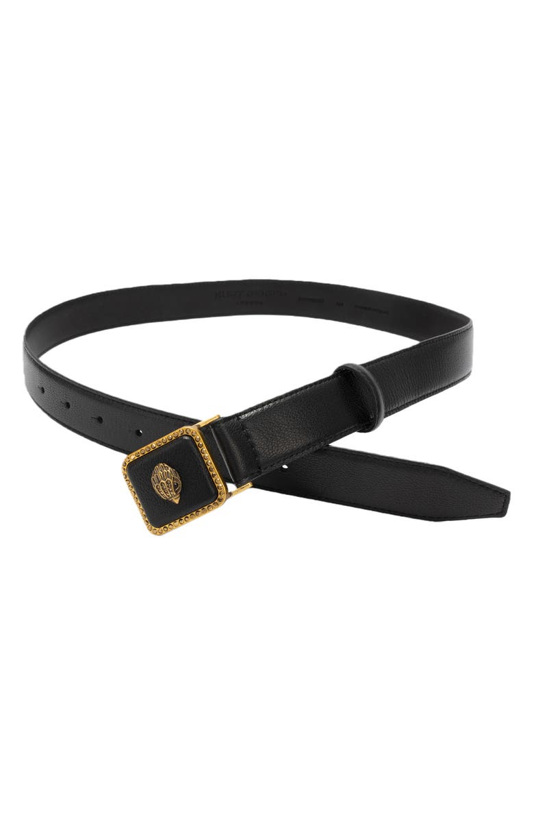 Kurt Geiger London Crystal Eagle Buckle Leather Belt, Alternate, color, Black Antique Brass