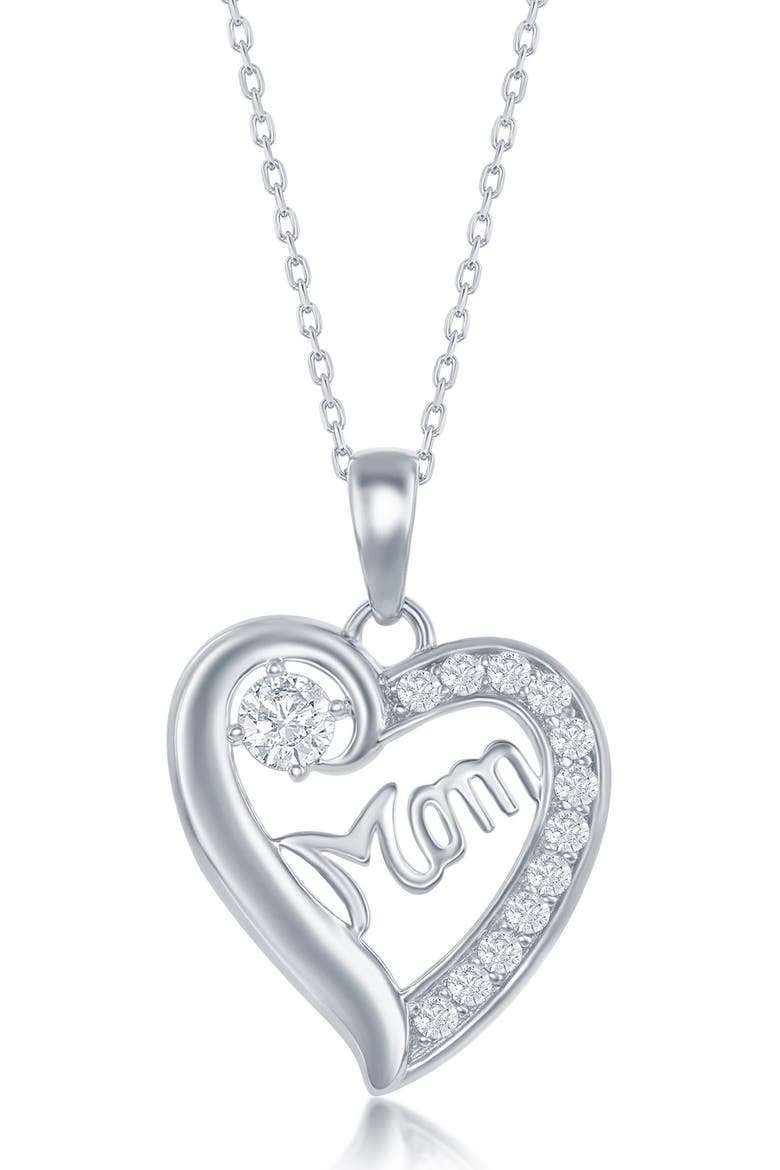 Sterling Silver CZ 'Mom' Heart Pendant Necklace, Main, color, SILVER