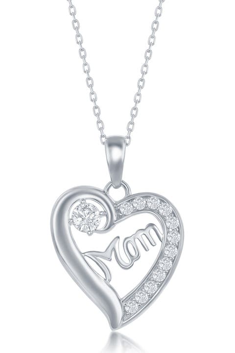 Sterling Silver CZ 'Mom' Heart Pendant Necklace