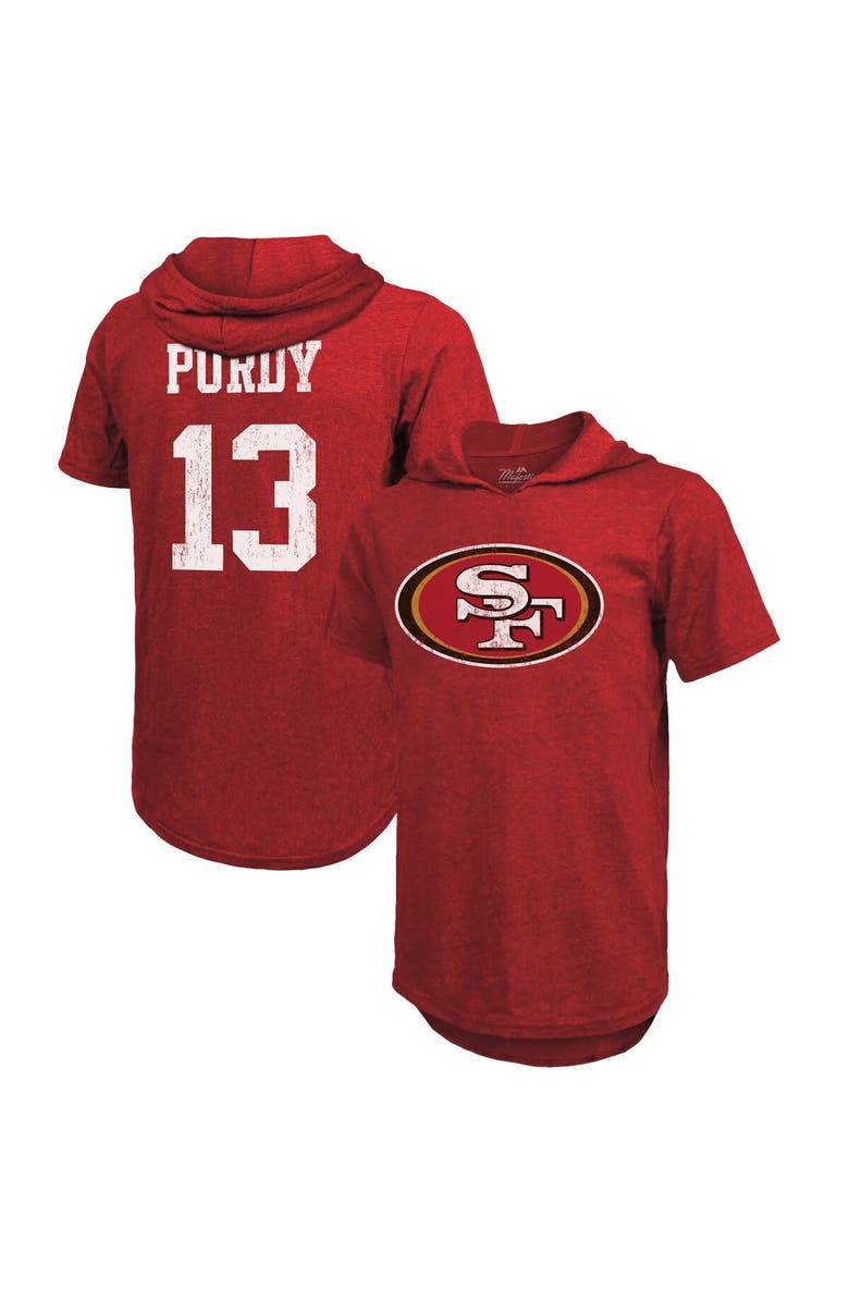 Majestic Threads Men's Majestic Threads Brock Purdy Scarlet San Francisco 49ers Player Name & Number Tri-Blend Short Sleeve Hoodie T-Shirt, Main, color, Scarlet