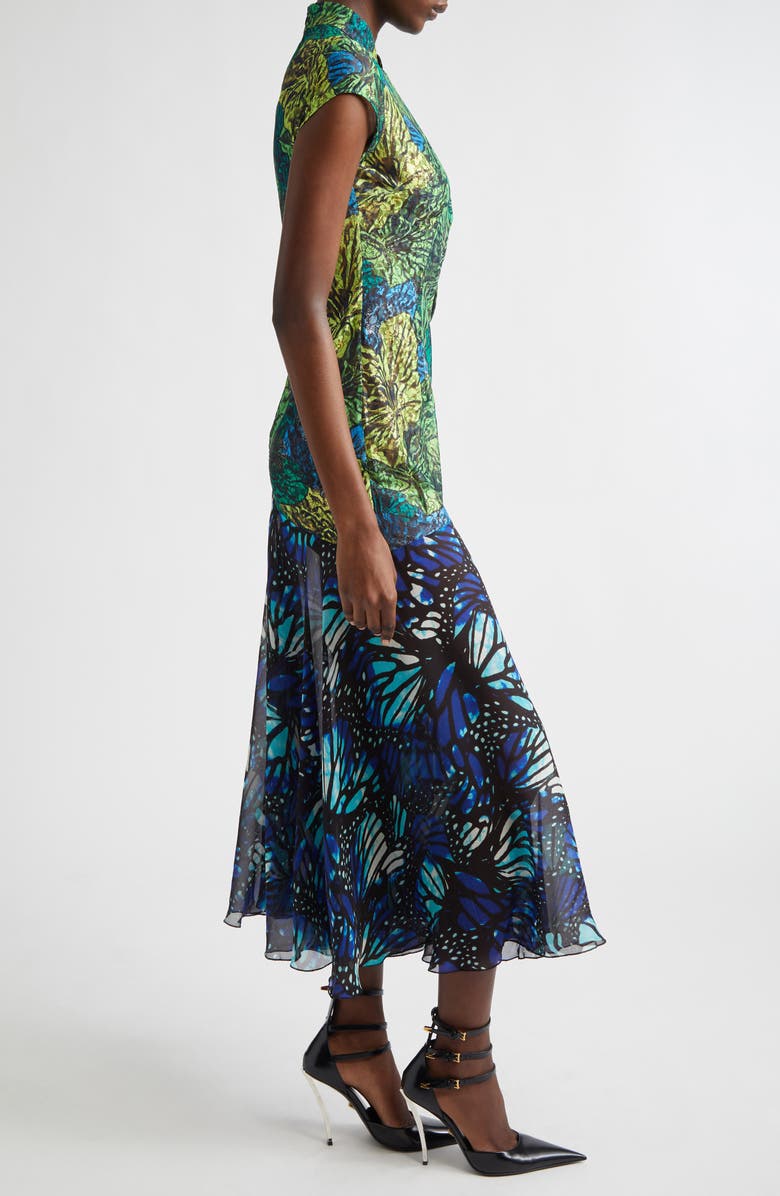 KIM SHUI Butterfly Print Lace & Silk Chiffon Plunge Neck Dress, Alternate, color, Green