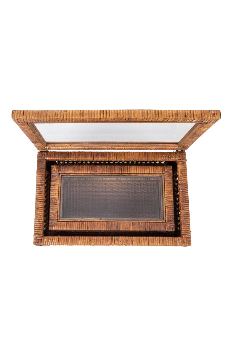 Modern Decorative Rectangle Woven Rattan and Wood Display Boxes with Glass Top, Alternate, color, Brown
