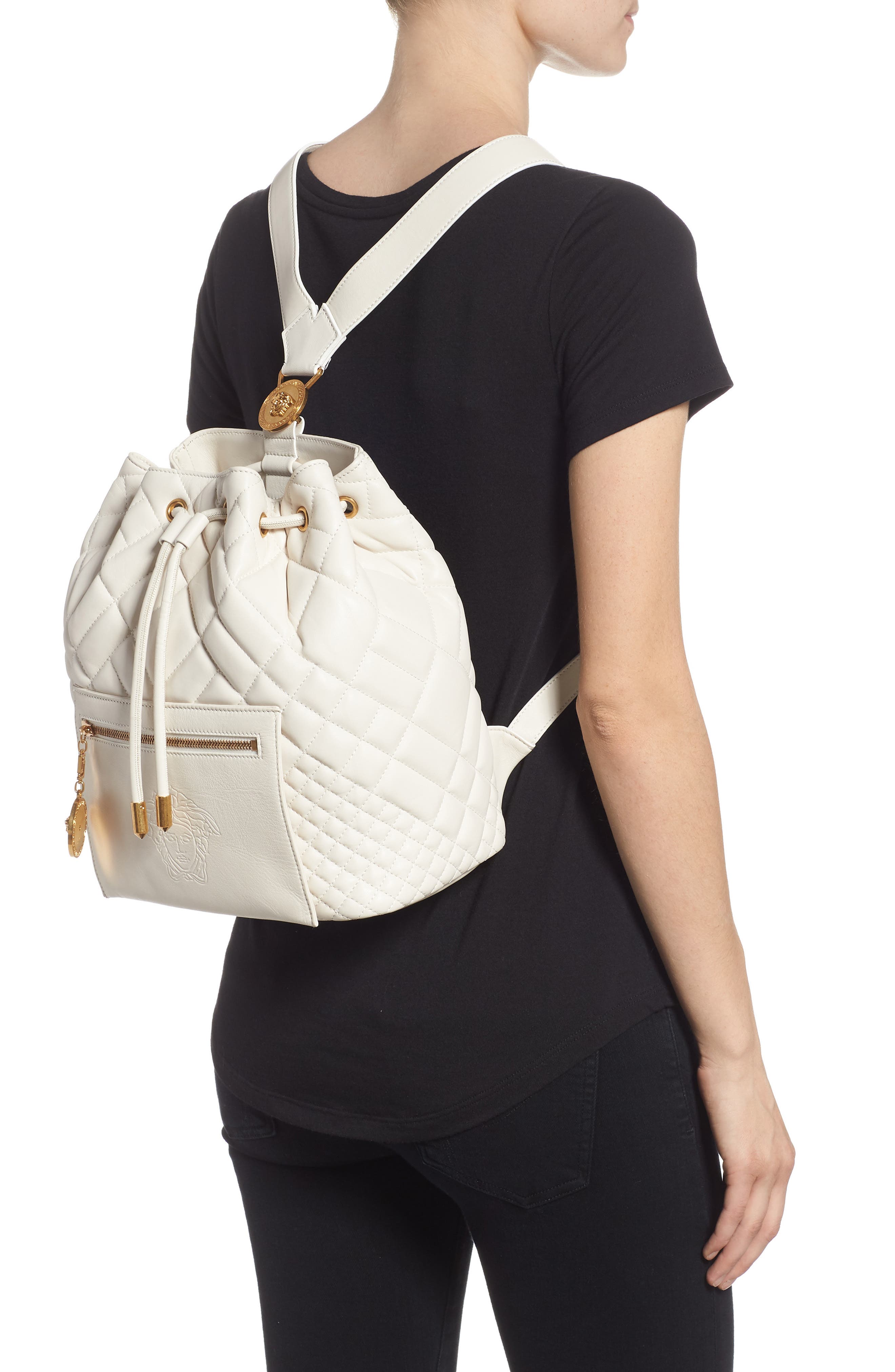 Quilted Leather Drawstring Backpack, Alternate, color, OFF WHITE