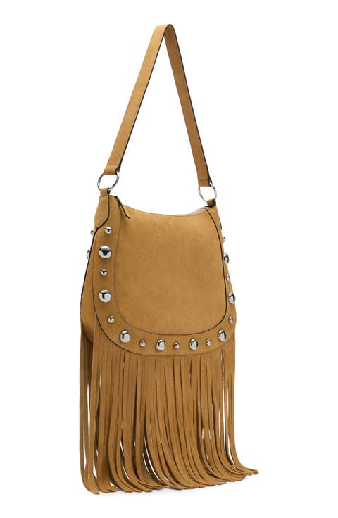 Studded Fringe Suede Shoulder Bag