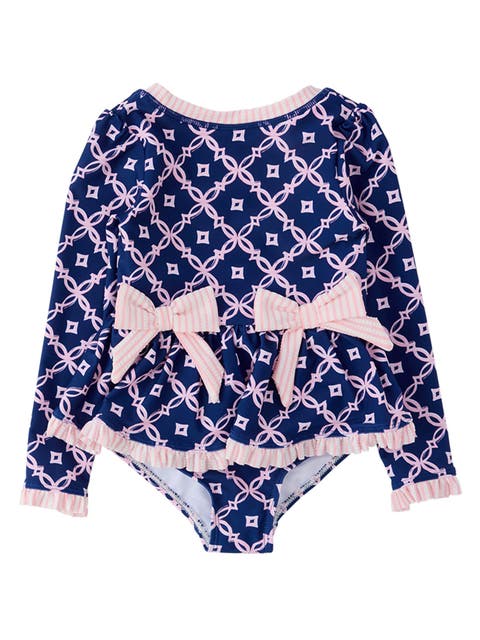 UPF50+ Long Sleeve One Piece Bow Peplum Rash Guard Swimsuit