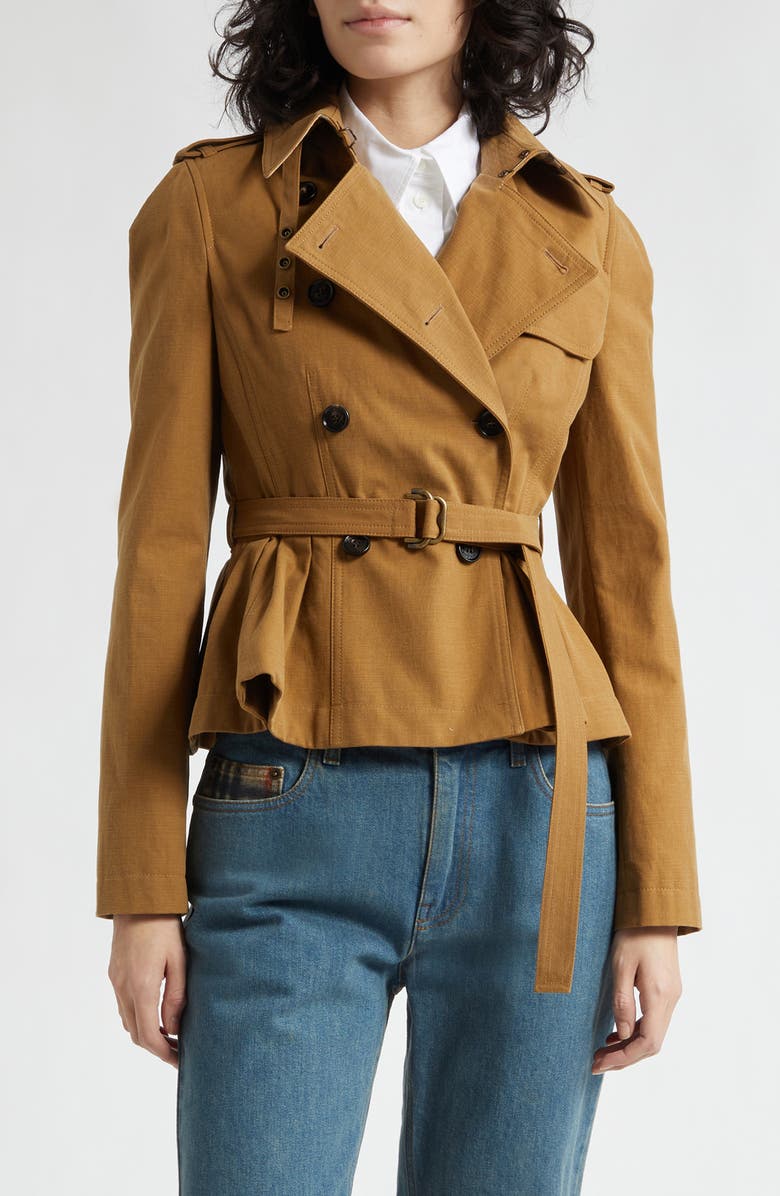 Burberry Isabella Peplum Trench Jacket, Main, color, Teak Brown