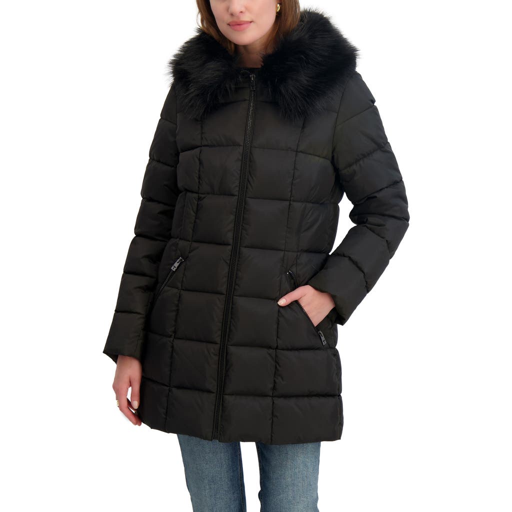 Tahari Brie Faux Fur Puffer Coat In Black
