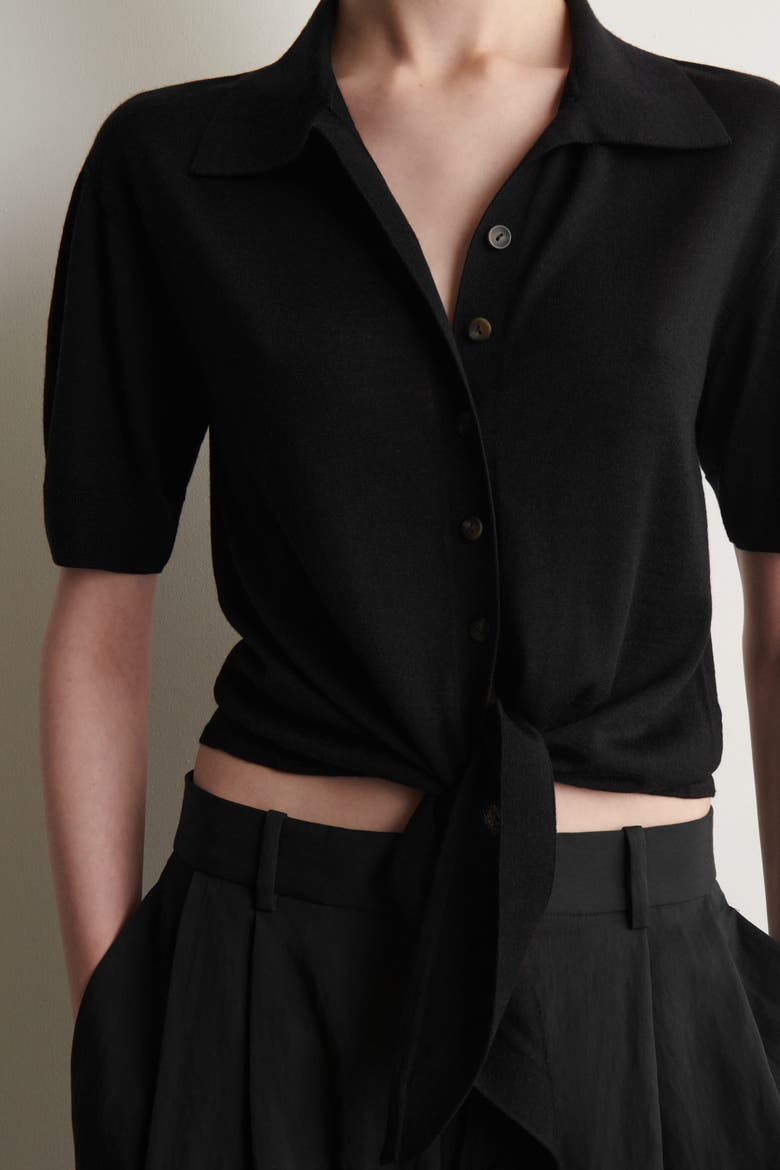 Tie-front Knitted Wool Shirt, Alternate, color, BLACK