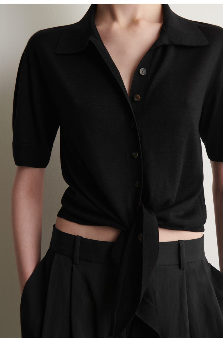 COS Tie-front Knitted Wool Shirt, Alternate, color, Black