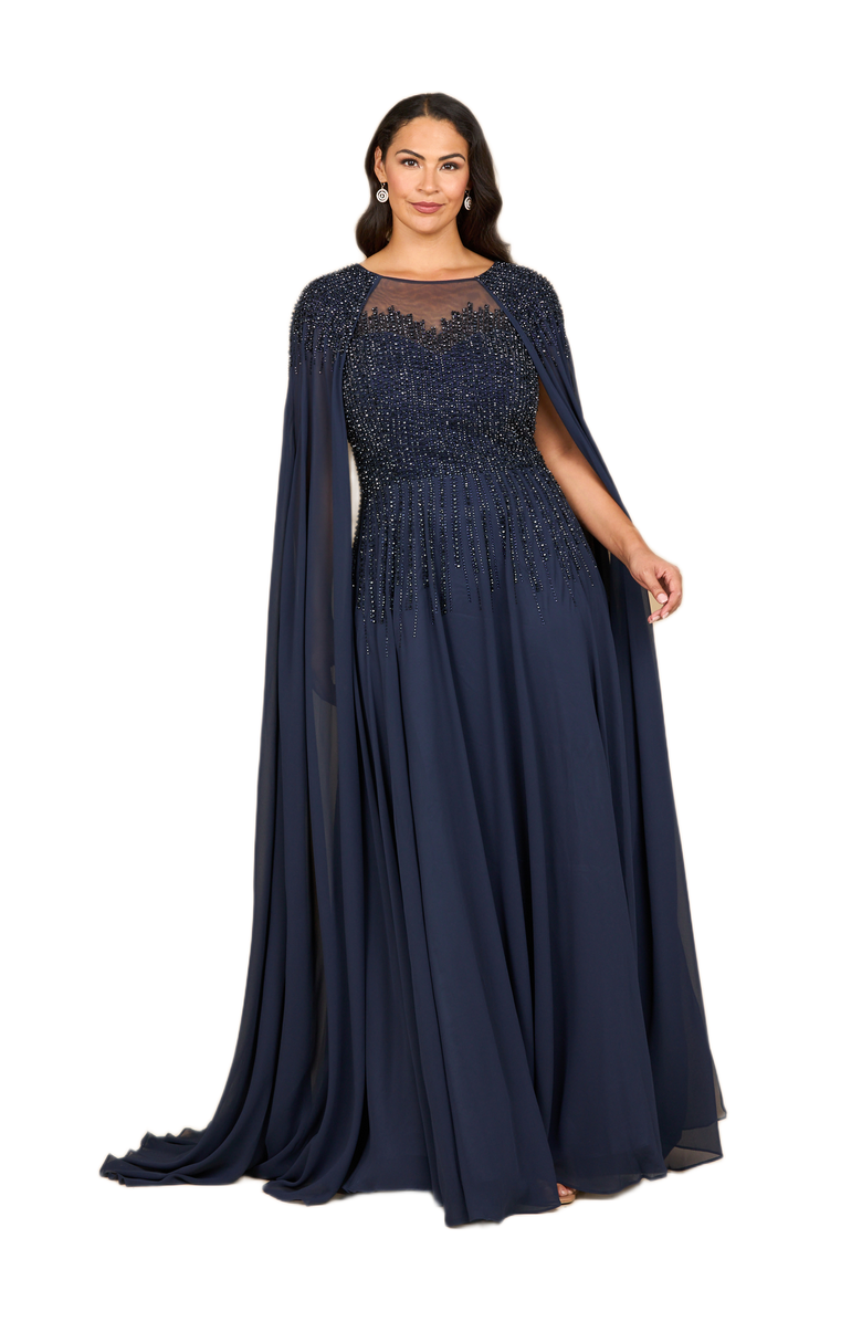 LARA New York Chiffon A-line Long Gown with Long Cape Sleeves, Main, color, Navy
