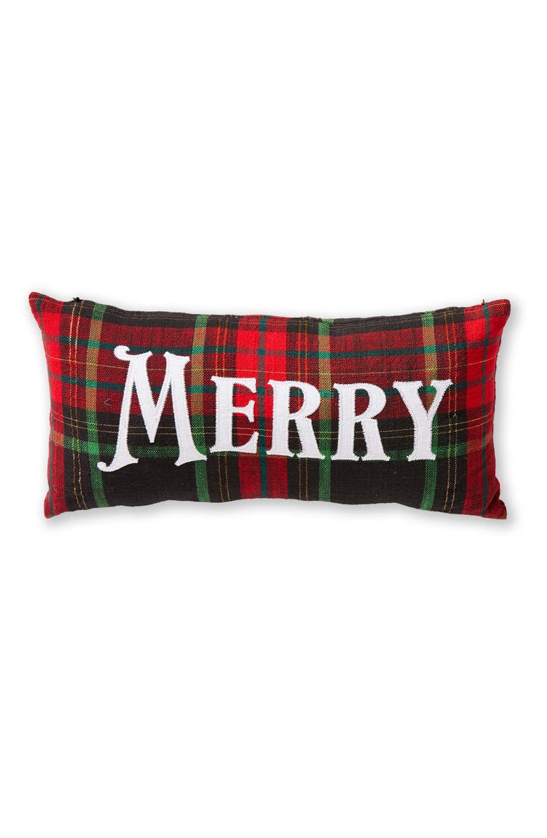 tag Merry Christmas Plaid Throw Pillow Red Multi Cotton Decorative, Main, color, 
