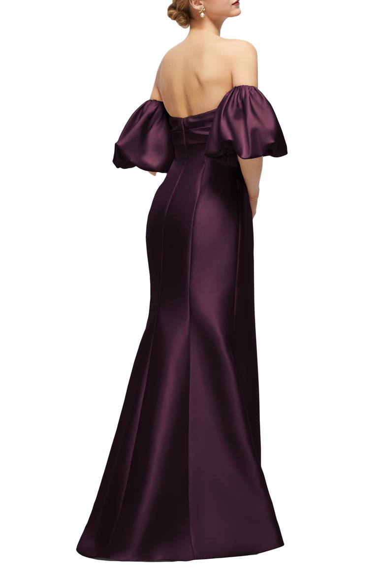 Off the Shoulder Puff Sleeve Satin Gown, Alternate, color, DEEP PLUM