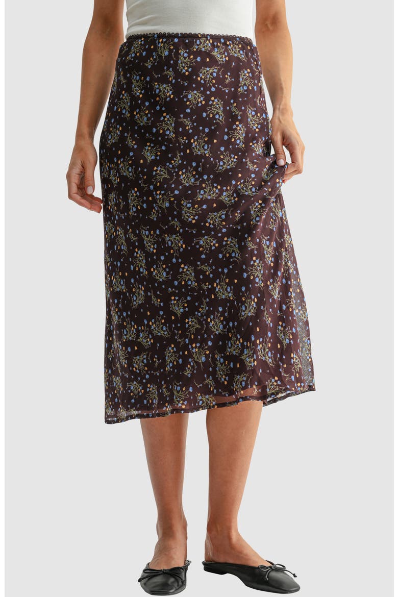 Ditsy Print Bias Midi Skirt, Main, color, BROWN BLUE DITSY