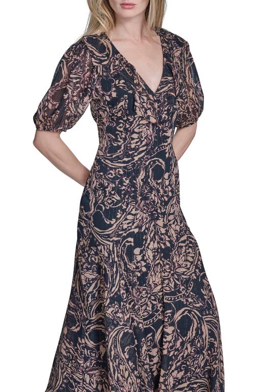 Bcbg Abstract Floral Metallic Thread Open Back Dress In Black