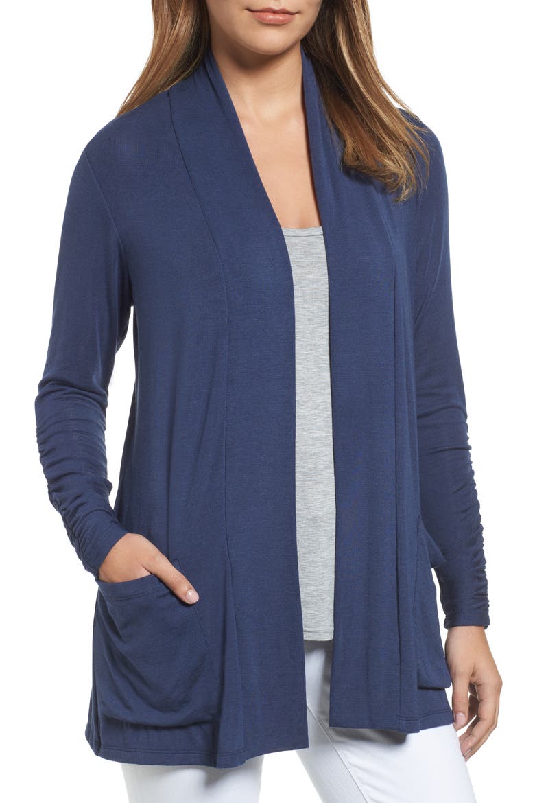 Ruched Sleeve Cardigan, Main, color, NAVY